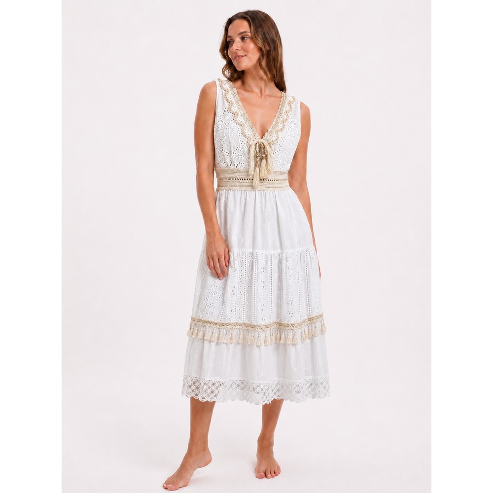 White Eyelet Lace Midi Dress S Boho Crochet Tie Front Made in Italy ART 6163